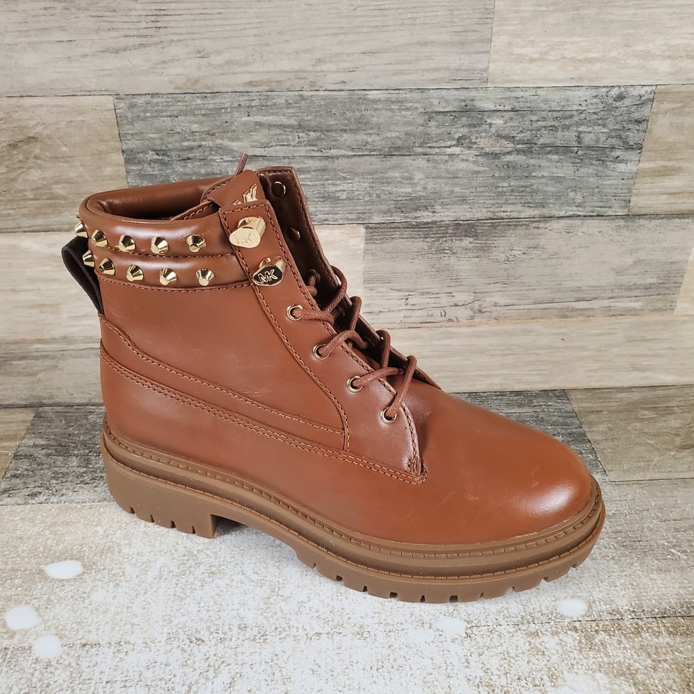 Michael Kors Turner Womens Ankle Boot Sz 5.5 M Luggage Leather Lace Up Round Toe